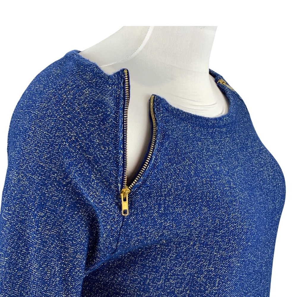 BISOU BISOU Blue w/ Metallic Zippered Shoulders Long Sleeve Sweater size Large - Picture 8 of 14